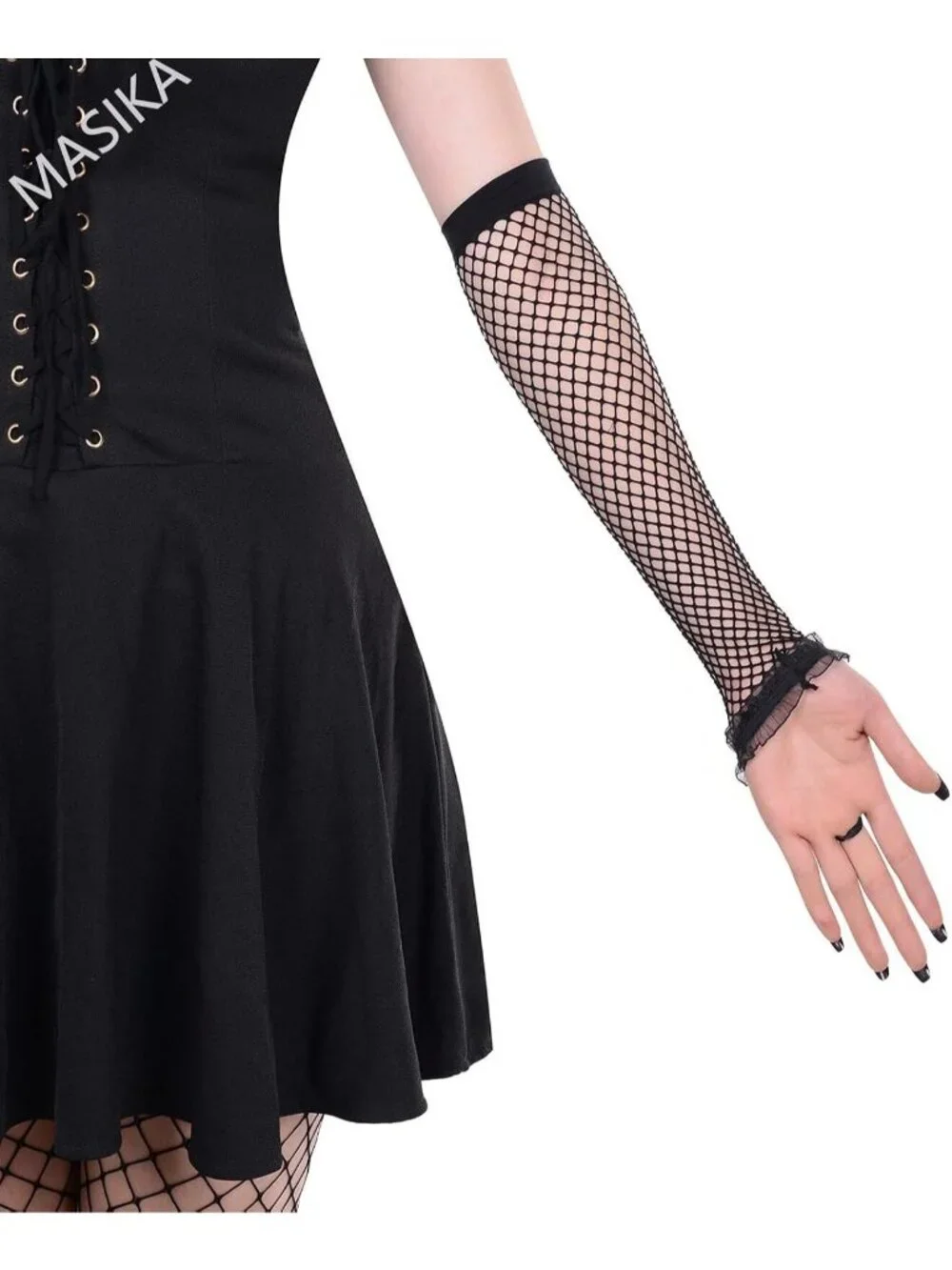 Women's Black Long Fishnet Fingerless Mesh Ruffle Trim Gothic Party Gloves